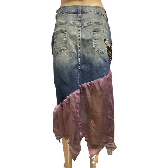 Ursime Y2K sequin embellishment pink ruffles fishtail denim midi skirt size L - Picture 2 of 6